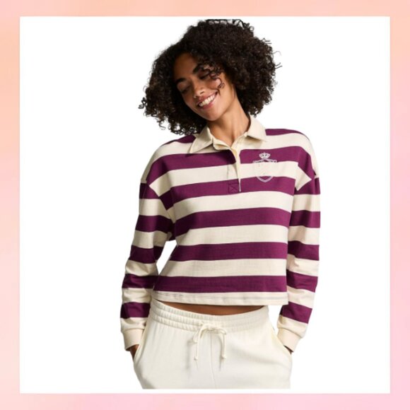 PINK Victoria's Secret Tops - Oversized Preppy Stripe Rugby Polo - Maroon/White